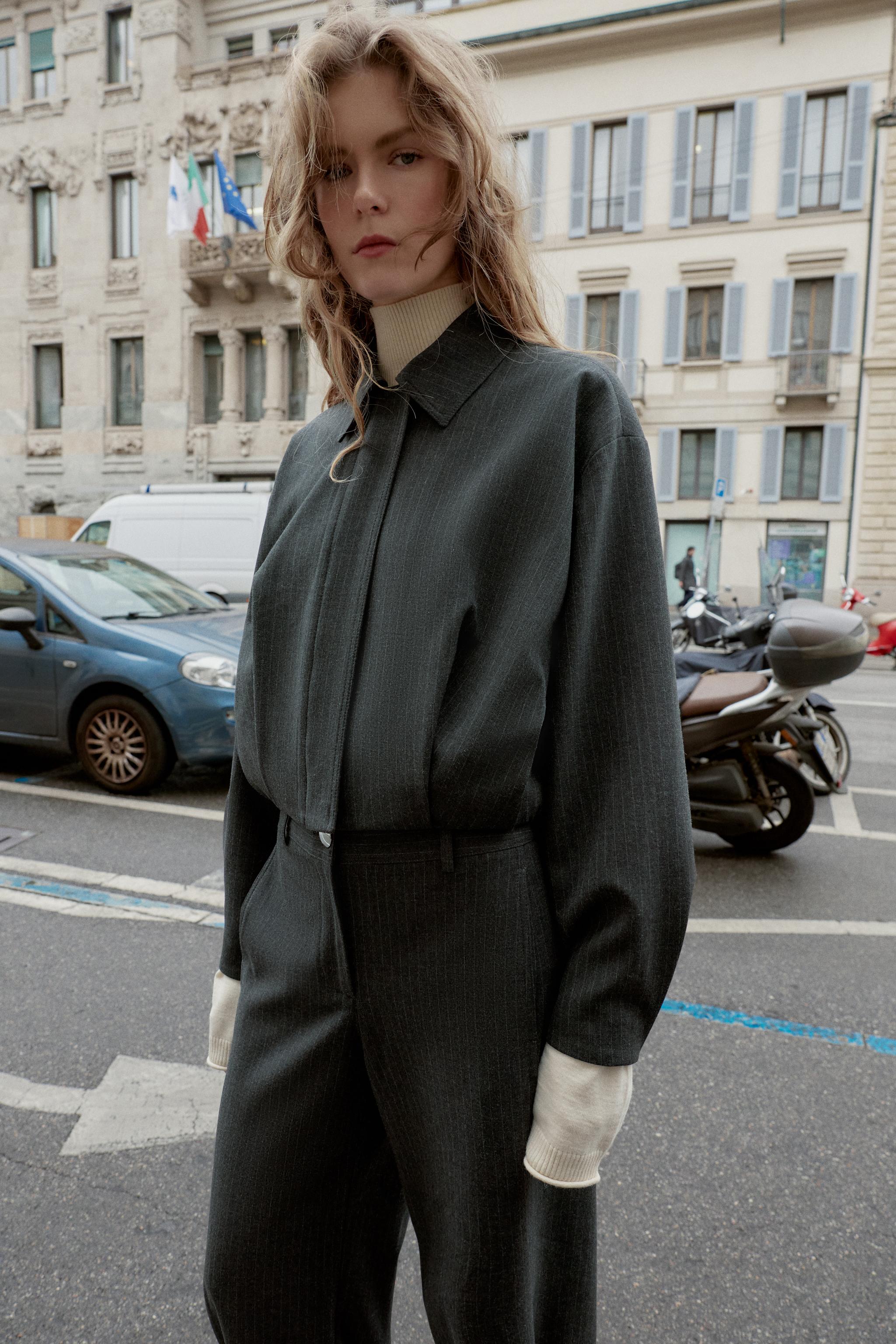 CROPPED PINSTRIPE BALLOON BOMBER JACKET